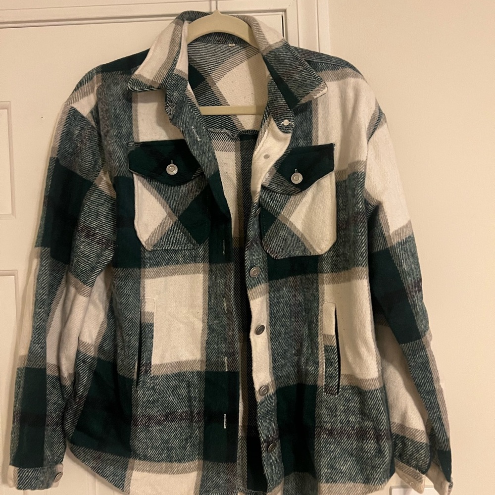 Amazon Women's Green and White Plaid Jacket